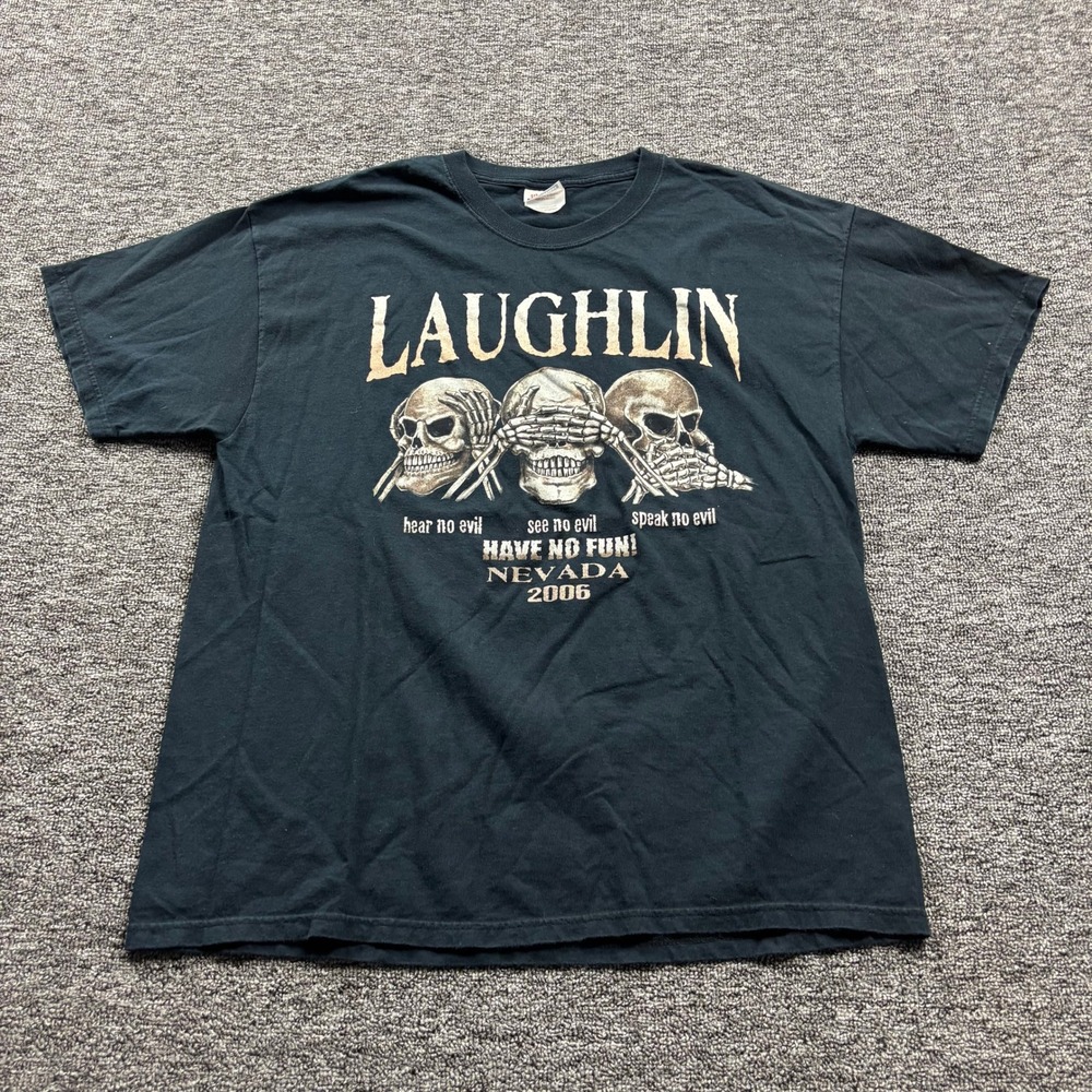 Y2K 2000s Grunge Hanes Laughlin Nevada Skull Biker Graphic Black T-Shirt Size XL